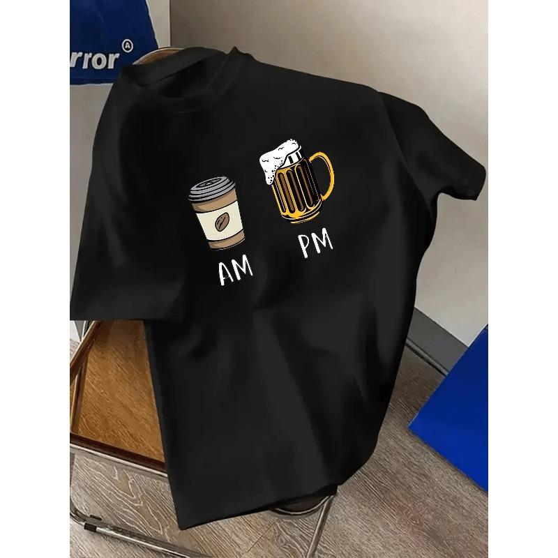 European Size Men & Women AM Coffee PM Beer Print T-Shirt - Short Sleeve Round Neck Casual & Athletic Top with AM/PM Caffeine, Machine Washable S чёрный