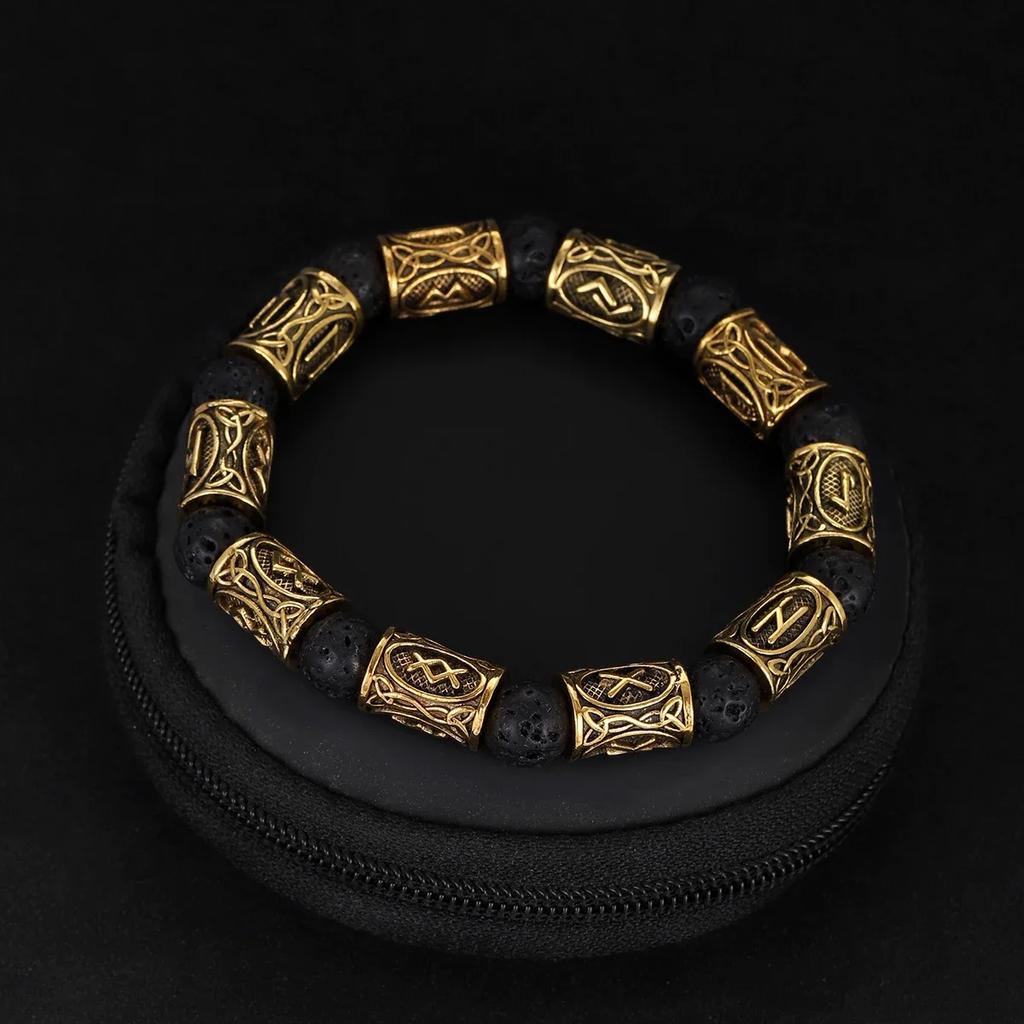 Vikingarunor Malakitarmband 8 mm Naturstenspärlor Rostfritt Stål Guldpläterat Armband för Män Smyckespresent