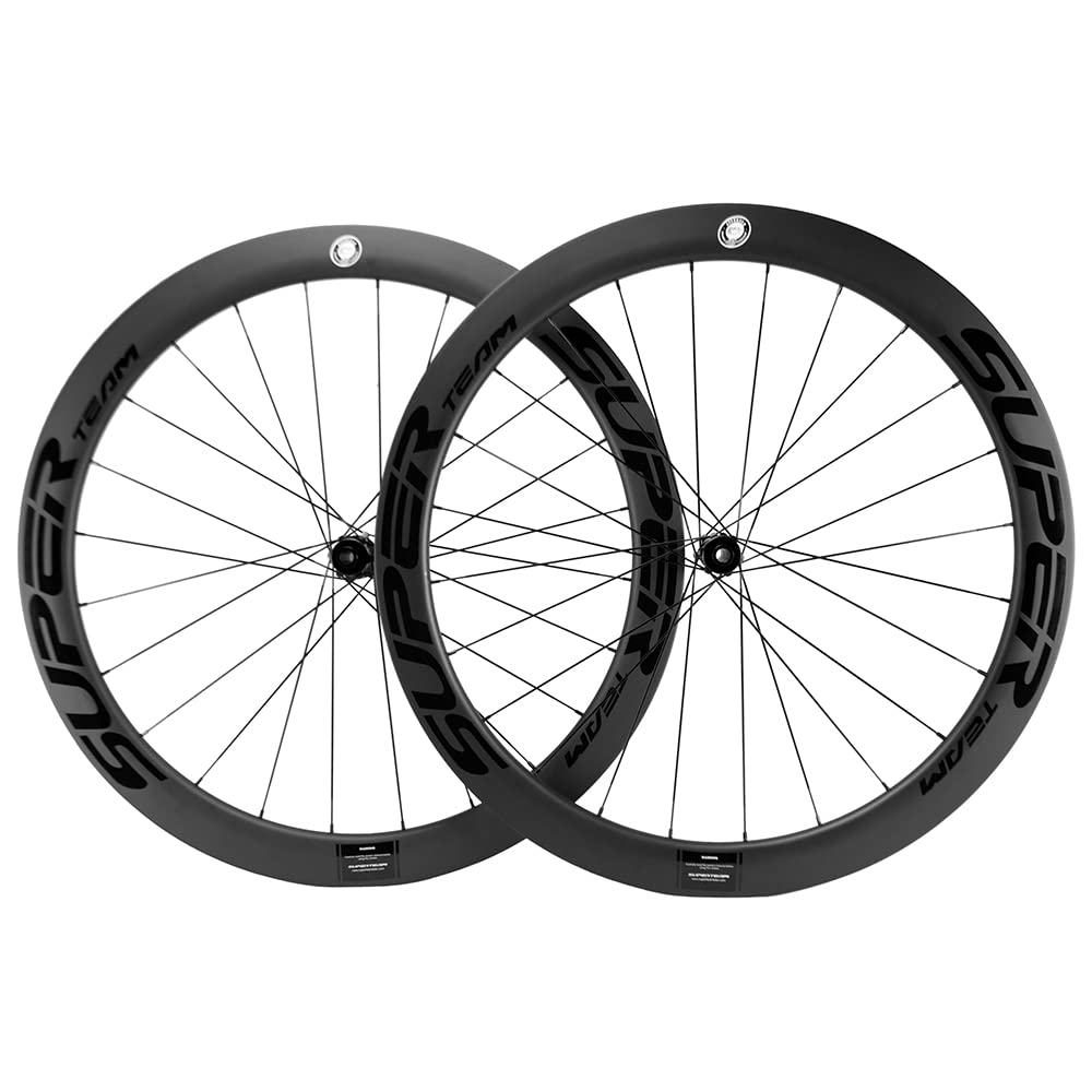 SUPERTEAM Carbon Clincher Wheels 700C Disc Brake Bike Wheel Set and Center Lock Thru Axle 50C-25 (White Red, 12100-12142)