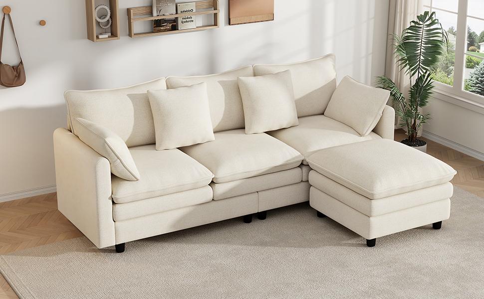 L-Shaped Corner Sofa with 4 Cushions and 3 Backrests, 3-Seater Sofa with Chaise Longue, Capacity Up To 120 Kg, Living Room Sofa 212×150×90 Cm, Beige