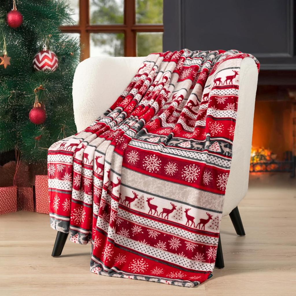 Christmas Reindeer Snowflake Striped Flannel Throw Blanket, Red Xmas Pattern Warm Cozy Blanket for Couch Bed Winter Holiday Home Decor