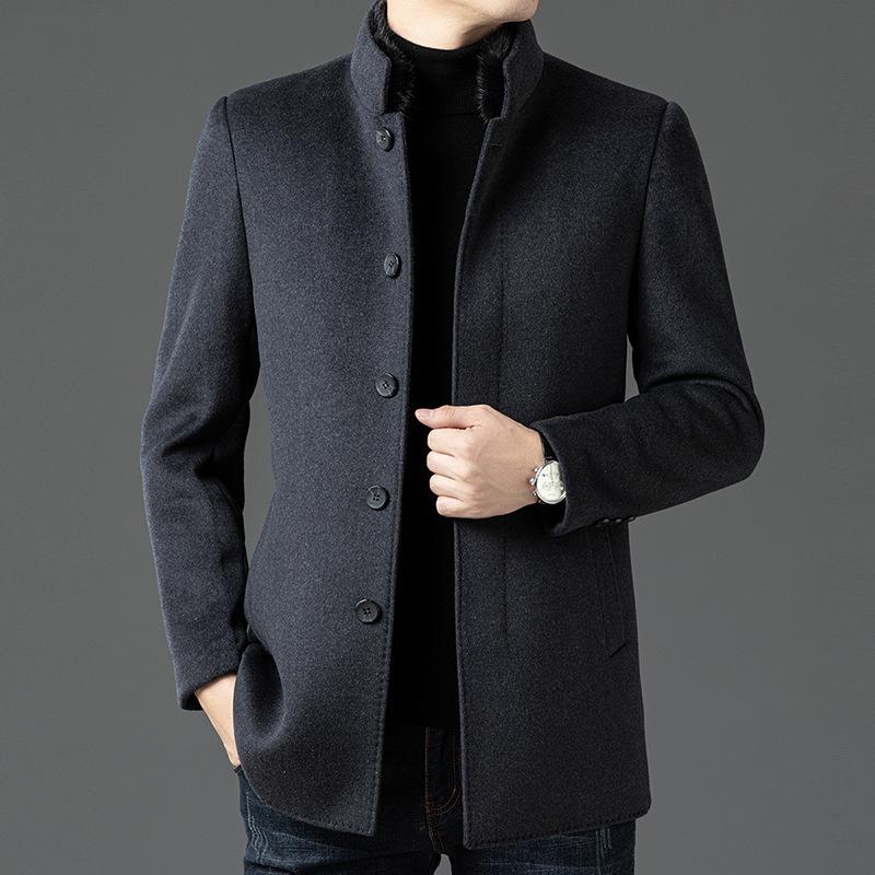 

Шерстяные пальто для мужчин среднего и пожилого возраста, средней длины, воротник-стойка, пуховая подкладка, двусторонние шерстяные пальто на осень и зиму, мужской комплект из двух предметов 175