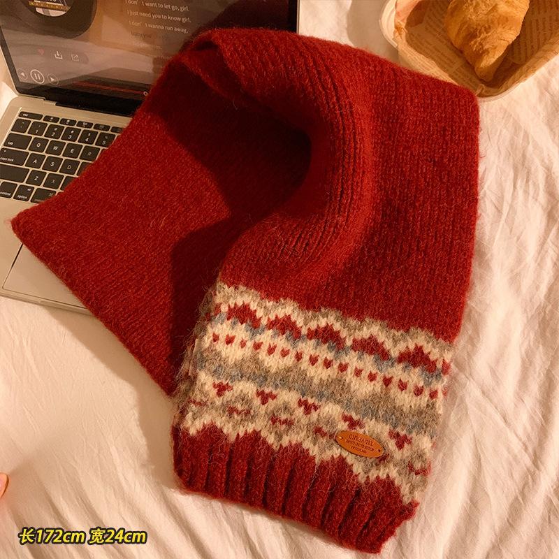 Fair Island Wind Wool Knitted Christmas Scarf Women's Winter Thickened Warm Scarf New Korean Atmosphere
