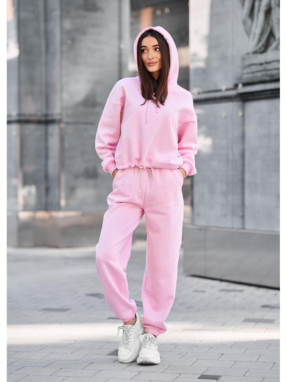 

Женский спортивный костюм с капюшоном 2025: Осенне-зимняя мода, однотонный, повседневный свитшот на кулиске M розовый