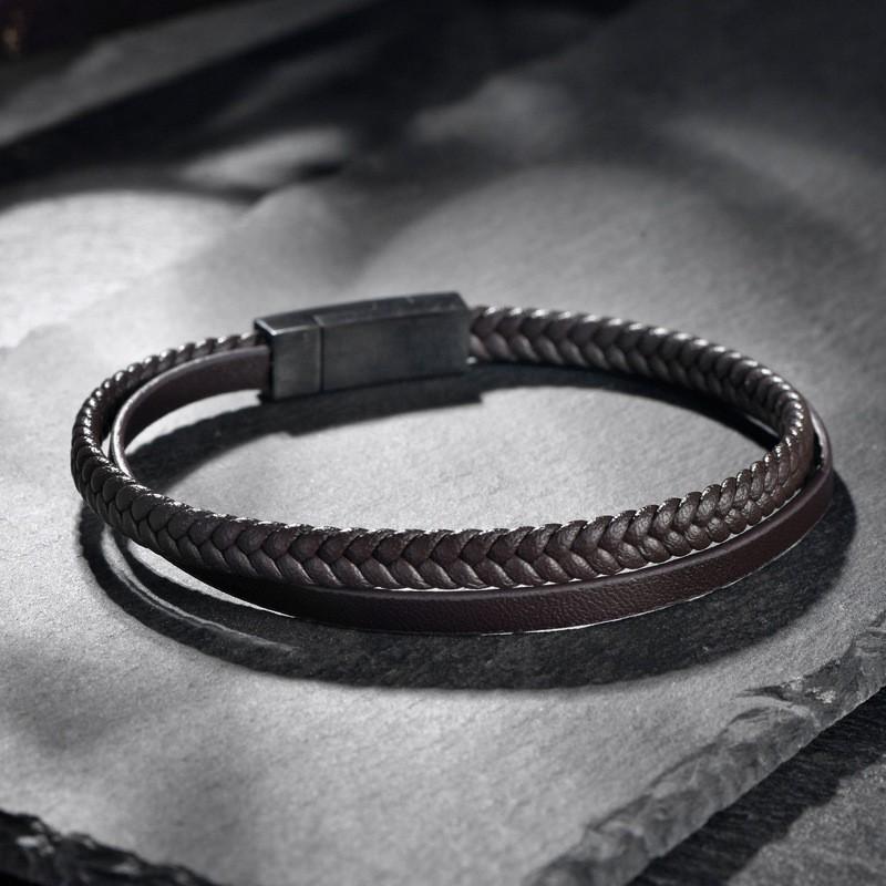Minimalist Leather Cord Bracelet Men Stainless Steel Geometric Bangle Couple Jewelry Gift