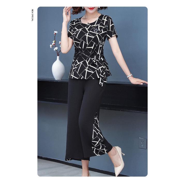 

2024 Summer Chiffon Two-Piece Set: Short Sleeve Top & Nine-Point Pants for Moms 2XL чёрный