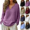 Women's Fashionable Loose-Fit -Color Cotton-Linen V-Neck Long-Sleeve Shirt