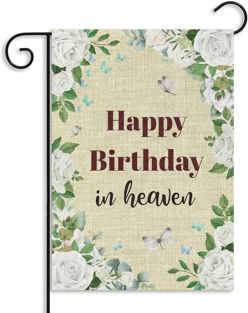 WATINC Happy Birthday In Heaven Garden Ag - Funeral Memorial Ags for Sympathy, 12 X 18 Inch Linen Yard Decorations, Grav