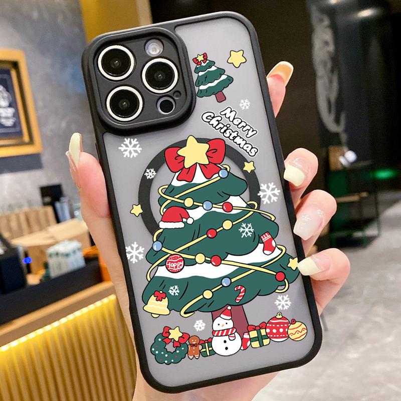 

Для Magsafe Magnetic Clear Hard Shell для iPhone 16 Plus 15 14 13 12 Pro Max 11 Рождественский узор Противоударный Мягкие края Защитный чехол для объектива iPhone 11