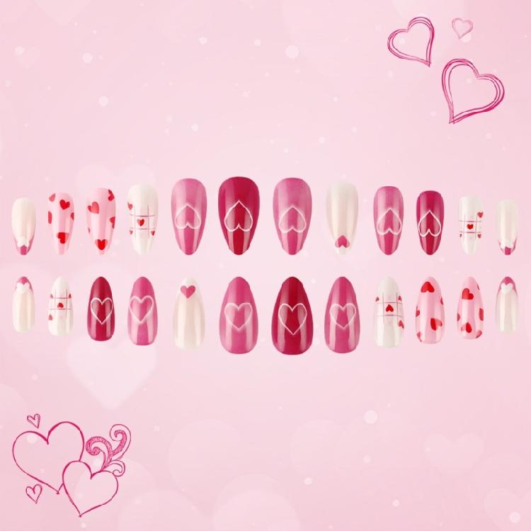 24 Pcs Pink Heart Artificial Nail Valentines Day False Nail Lovely Stick on Nail French Press On Nail for Holiday