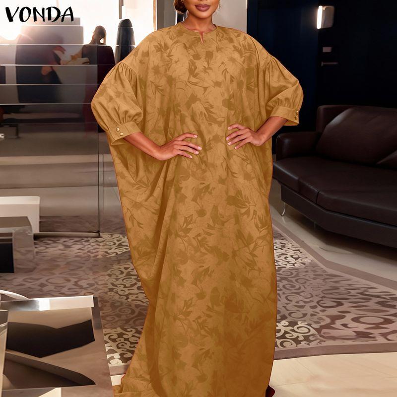 VONDA Overszied Women Batwing Sleeve Floral Print Loose Casual Long Maxi Robe Dress