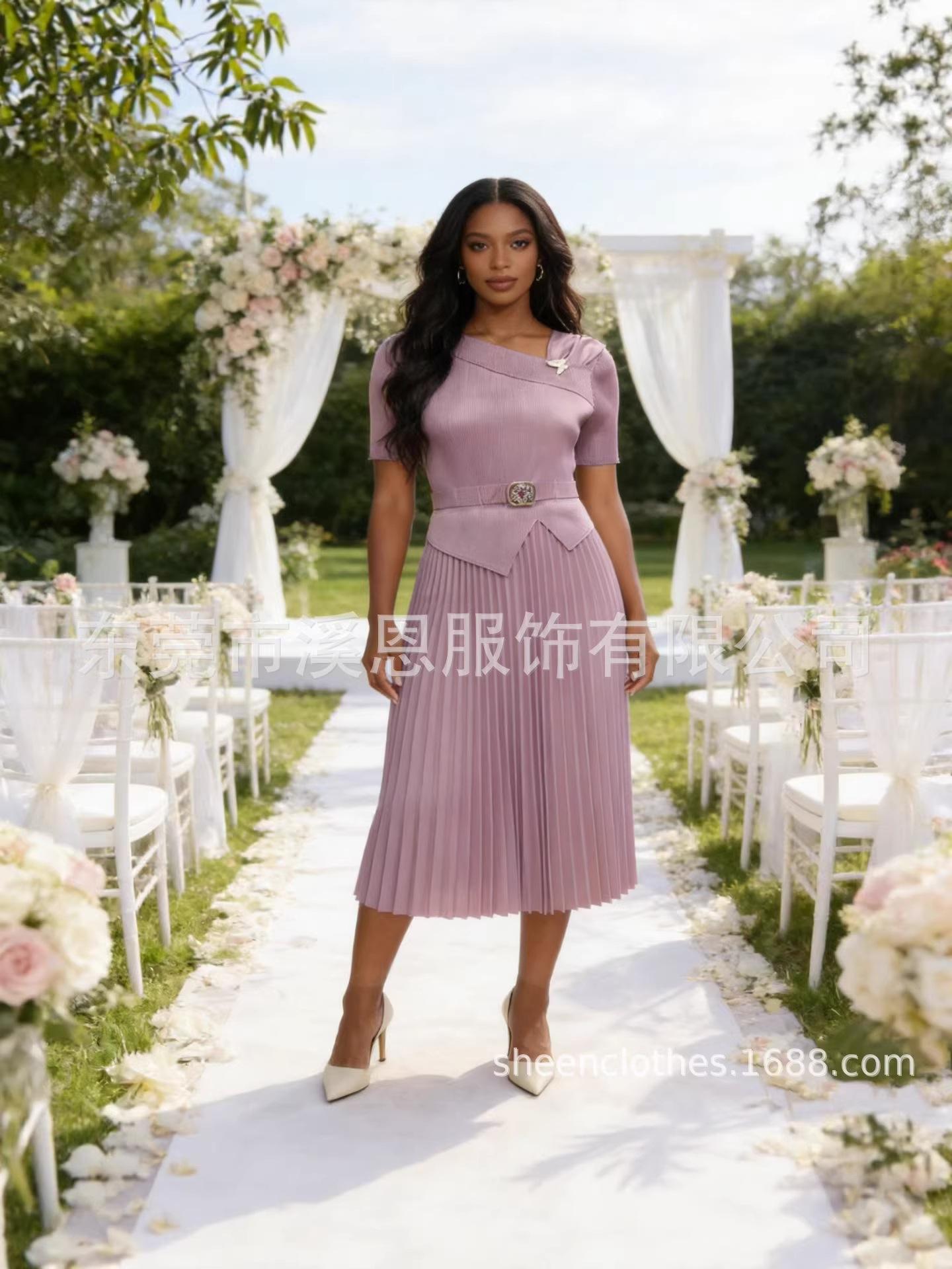 

Miyaki2026 European & American Style Pleated Plus Size Waist-Cinched Dress - Solid Color, Short Sleeve, Slimming Women s Fashion One Size
