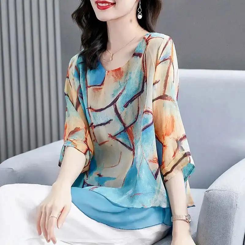 All Match Round Neck Seven Quarter Sleeved Shirt Women's Chiffon Printed Shirt New Summer Outfit Fashionable Korean Top