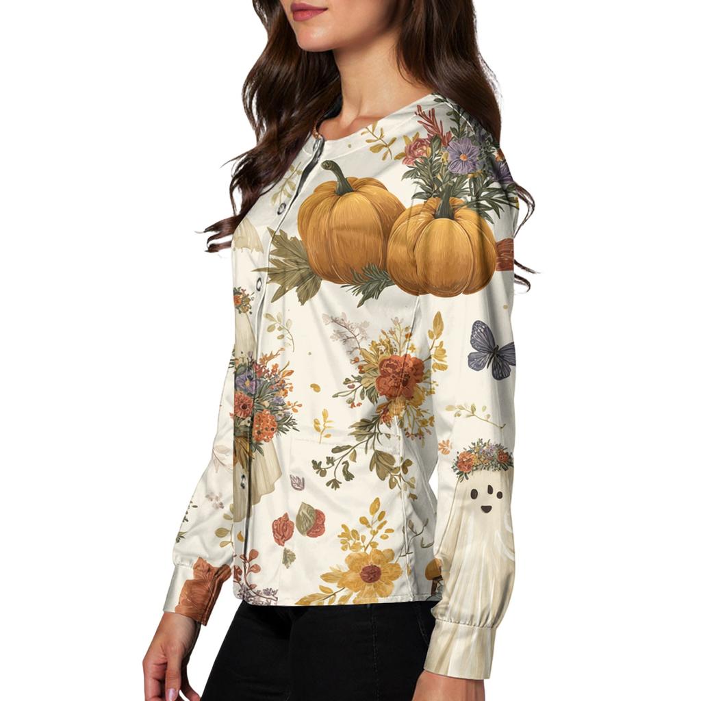 Women's Casual Long Sleeve Single-Breasted Cardigan with Halloween Print