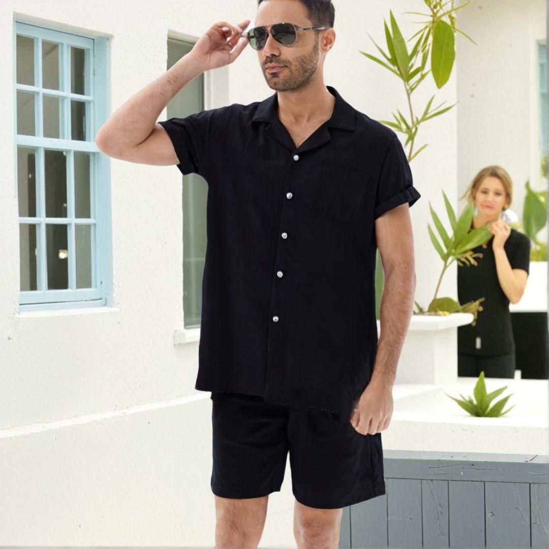

Мужской хлопковый гавайский однотонный комплект с рубашкой с коротким рукавом и шортами. S чёрный