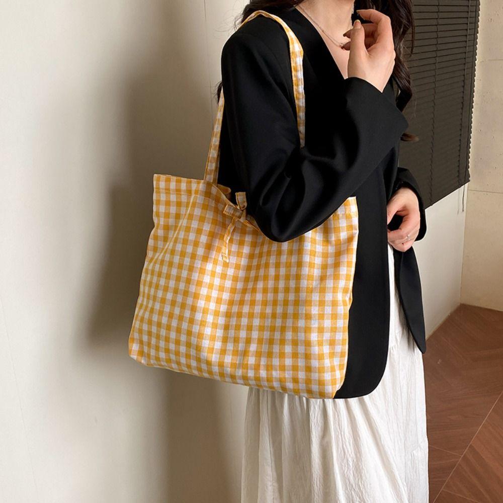 Korean Plaid Tote Bags Lightweight Shopping Bag Simple Plaid Shoulder Bag  Ladies