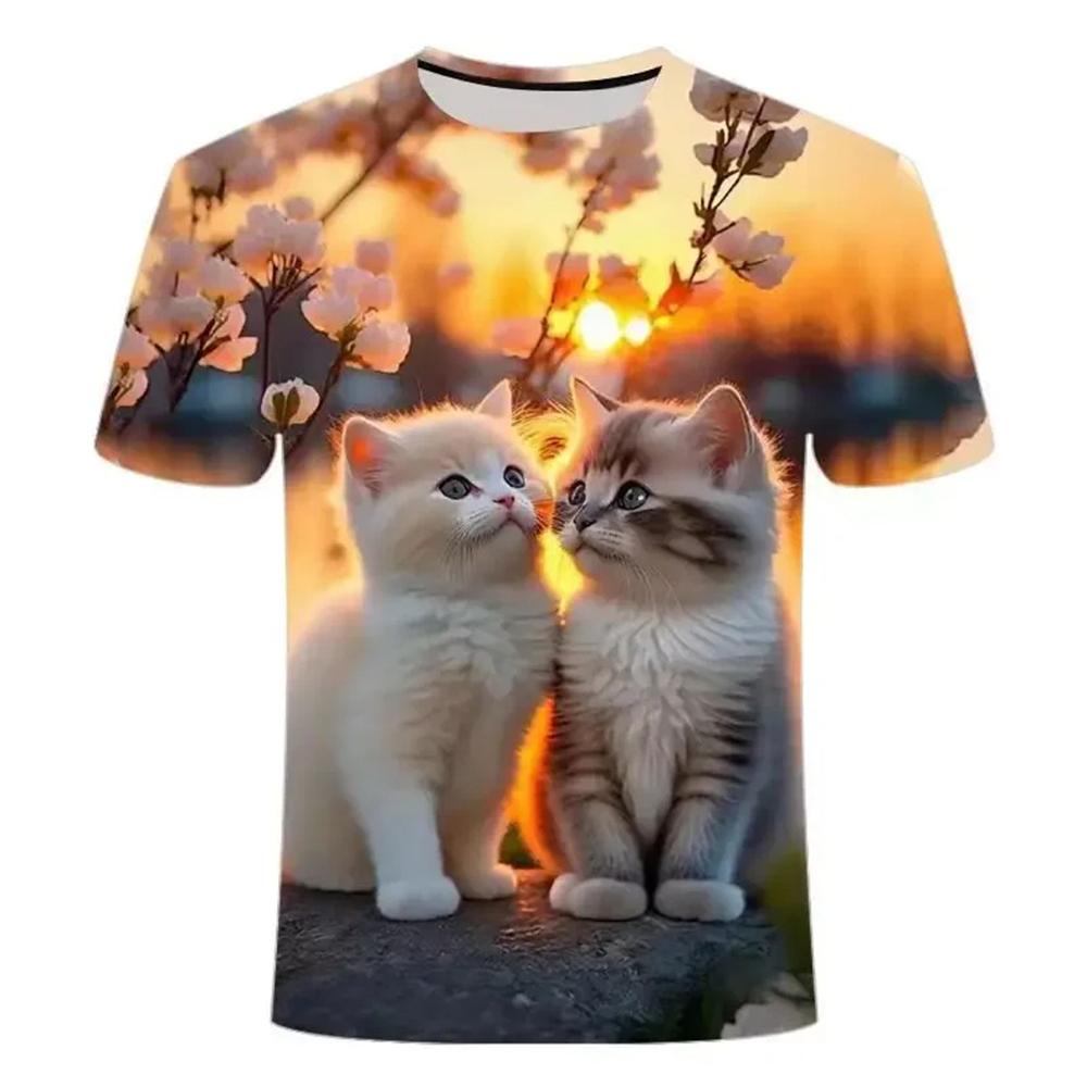 Children's Clothing Short Sleeve Cute Cat Print Kid Summer Clothes Kawaii Cartoon Girls Clothes T-Shirt Casual Round Neck Tops