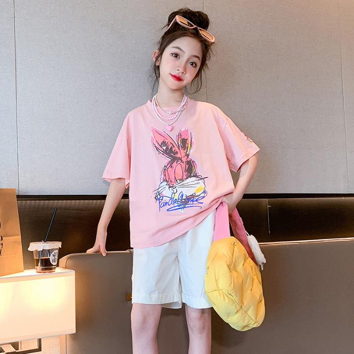 Summer Children Cartoon Print T-shirt for Girls Causal Short Sleeve Tee Tops Teenager Fashion Kids Clothes