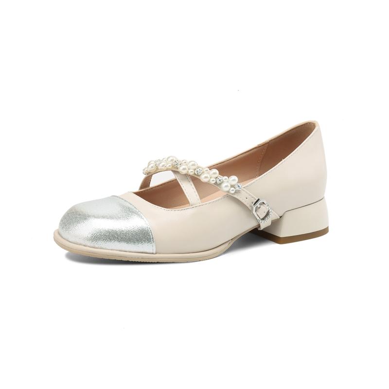 Fashion Women's new spring and autumn round toe color blocked cross strap pearl mid heel plus size Mary Jane single shoe