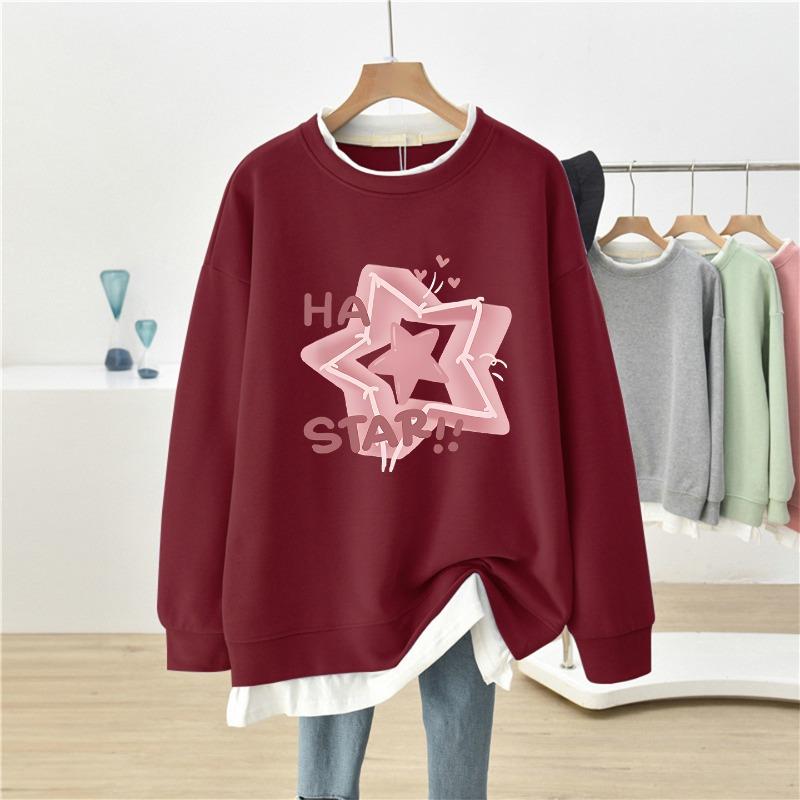 Star Print Fake Two Women's Plus Size Hoodie Long Sleeved Round Neck Sweatshirt  Autumn Warm Woman Loose Casual Top