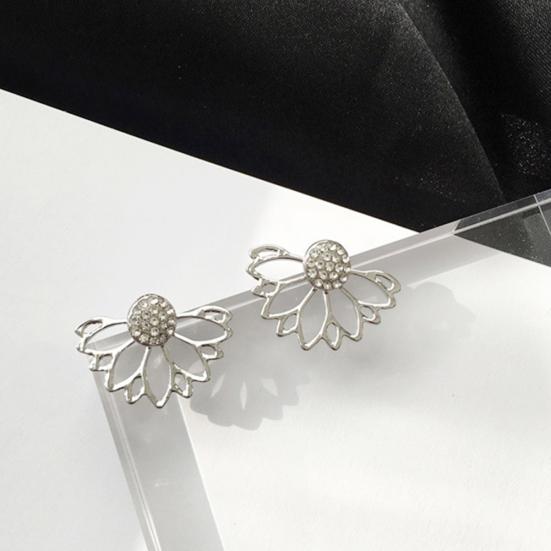 Women Hollow Out Lotus Shaped Rhinestone Inlaid Ear Jacket Earrings Jewelry Gift