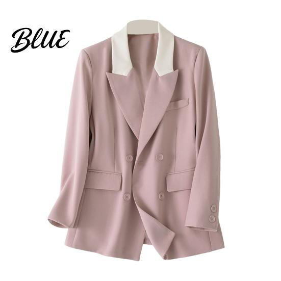 Versatile Basic Suit Jacket Women Casual Coat Notched Lapel Long Sleeve Patchwork Color Double Breasted