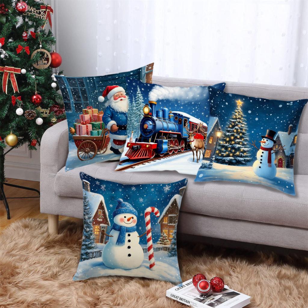Simple Christmas Party Throw Pillow Cover Indoor Home Decor Sofa Pillow Santa Claus Elk Print Cushion Cushion