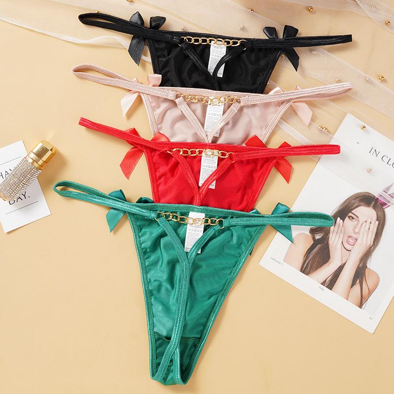 Chiloți sexy pentru femei, cu lanț metalic, cure, slip, drăguț, cu fundă, cu talie joasă, lenjerie erotică pentru femei, chiloți intimi