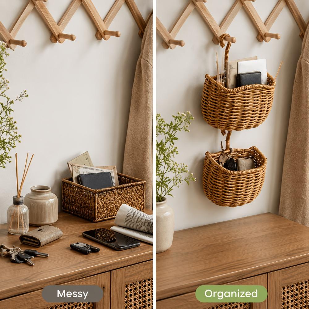 Plastic Wall Hanging Basket Woven Design Fruit Vegetable Holder Woven Storage Basket  for Kitchen