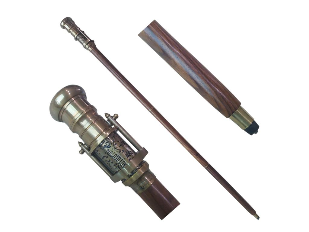 Compass Walking Cane with Brass Telescope Handle Vintage Foldable Wooden Steampunk Victorian Stick