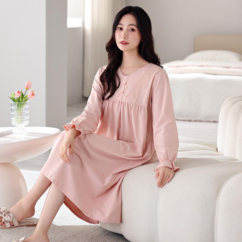 Pajama Women'S Spring And Autumn Pure Cotton Long-Sleeved Pajama Skirt Autumn Loose Large Size Mother Loungewear High-End Dress