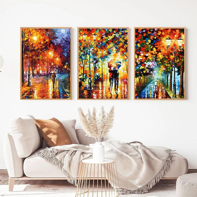 Classic Leonid Afremov Abstract Artwork Rainy Night Couple Landscape Poster Canvas Painting Wall Art Pictures Home Room Decor