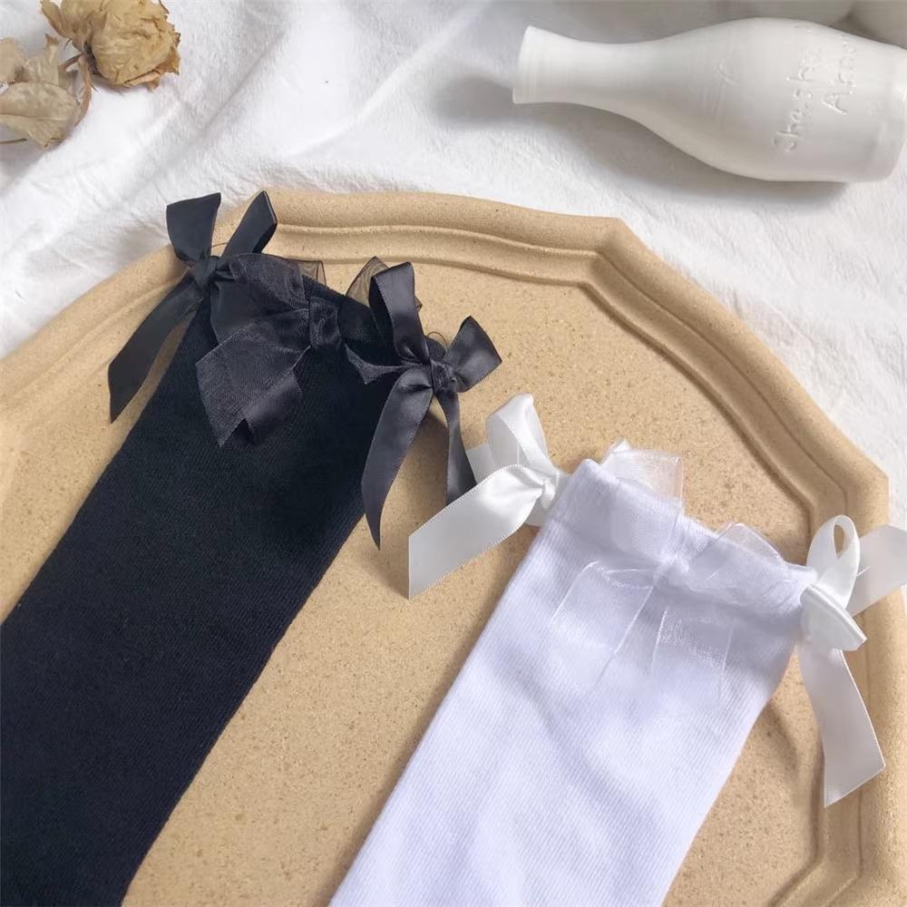 Japanese Lolita Retro White Satin Bow Trendy Cool Dark Jk Two Wear Stacked Calf Socks