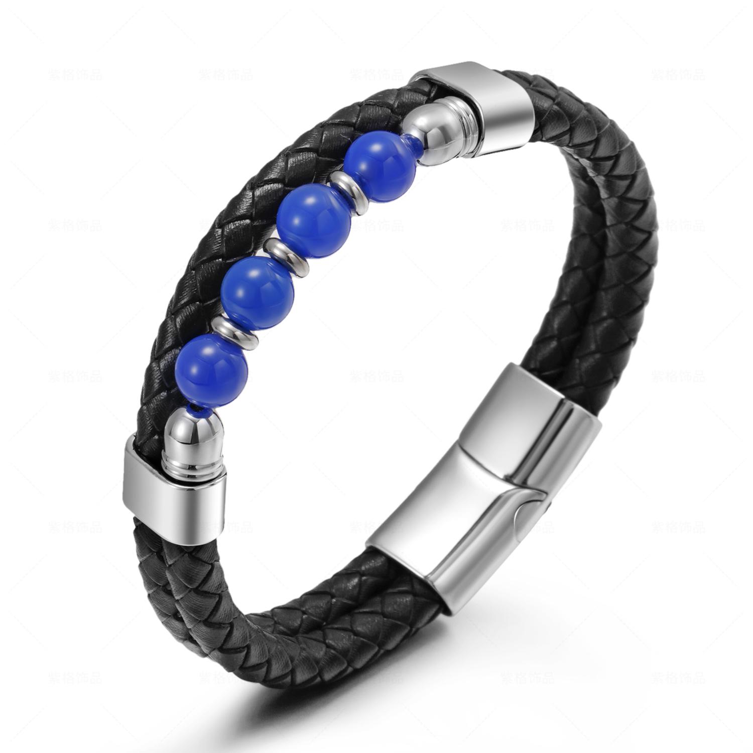 Stainless Steel Natural Blue Gold Volcanic Stone Beaded Bracelet Men s Hand Woven Leather Titanium Bangle 21cm&Punk синий
