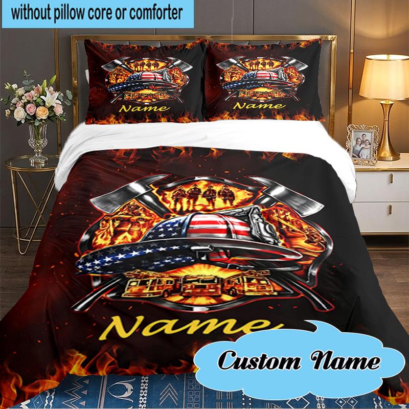 Custom Name 3PCS Firefighter's Pride Badge Bedding Set Including 1pc Duvet Cover And 2pcs Pillowcases for Bedroom, Dormitory Gift Home Decor