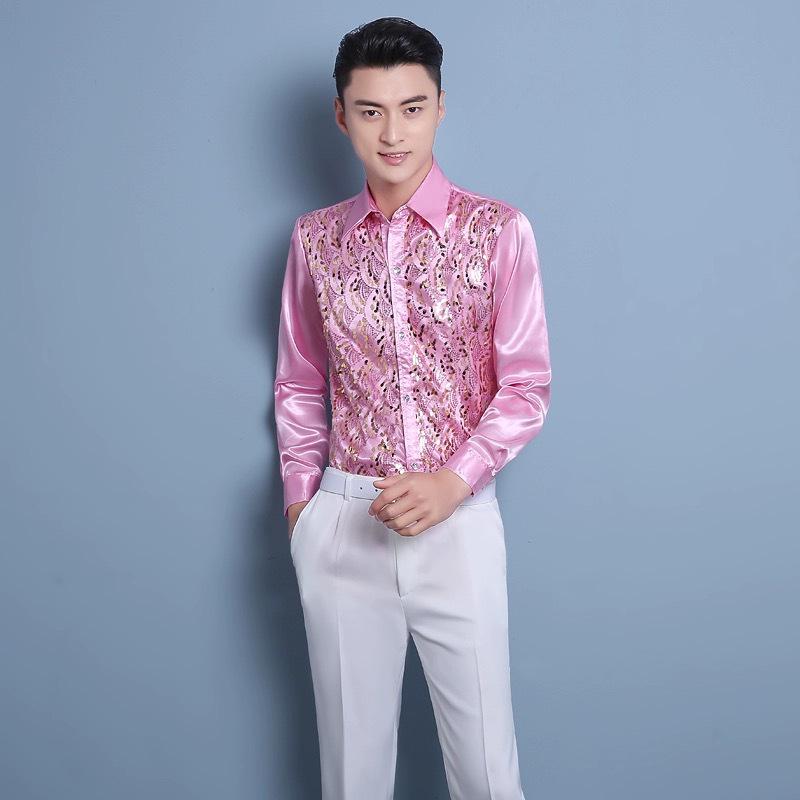 

Мужская рубашка большого размера с цветными пайетками для сценических выступлений, для танцев и пения XL розовый