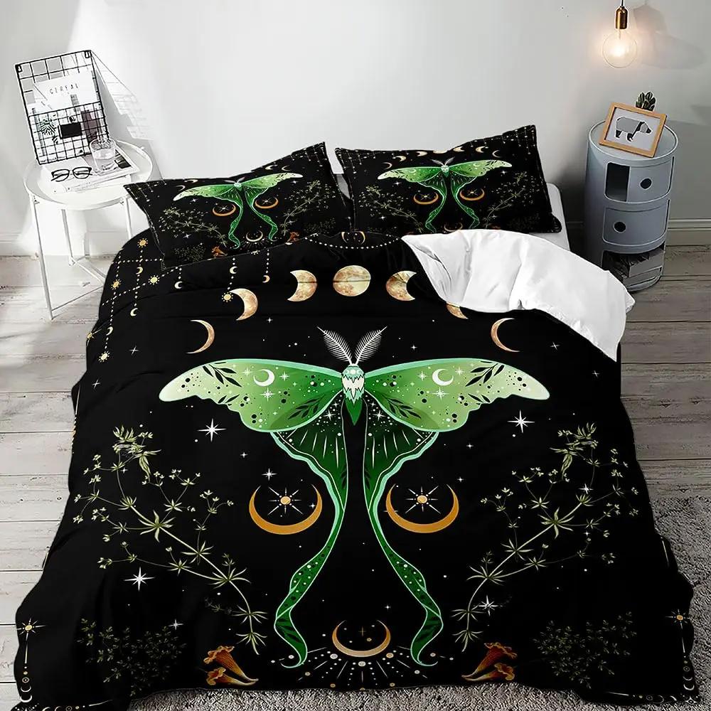 Gold Gothic Moth Duvet Cover Set Plant Pattern Bedding Sets Ultra Soft Lightweight Microfiber Queen King Comforter Cover 2/3 Pcs