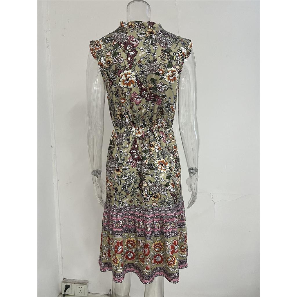 Women's Ethnic Style Printed Dress Elegant Sleeveless V-neck Knee-length Dress