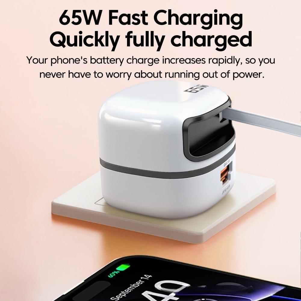 65W Foldable Wall Charger with Retractable Cable - Compact Travel Adapter for iPhone, Samsung, Laptop (US/EU/UK Plug Options