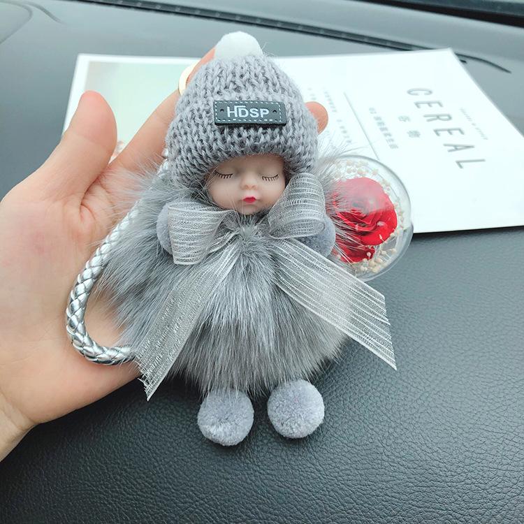 Korean Bow Keychain: Squinting Doll with Fox Fur Pendant - A Unique Japanese and Korean Gift
