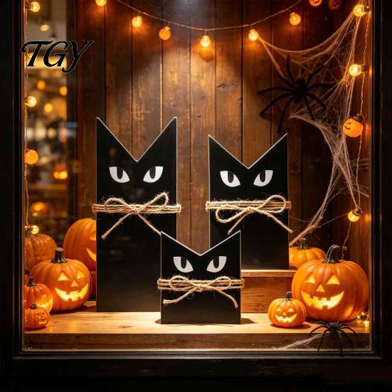 Tabletop Ornament 3 Pcs Halloween Black Cat Wooden Block Sign, Vintage Table Decoration Rustic Farmhouse with Burlap Rope, Tiered Tray Centerpiece for
