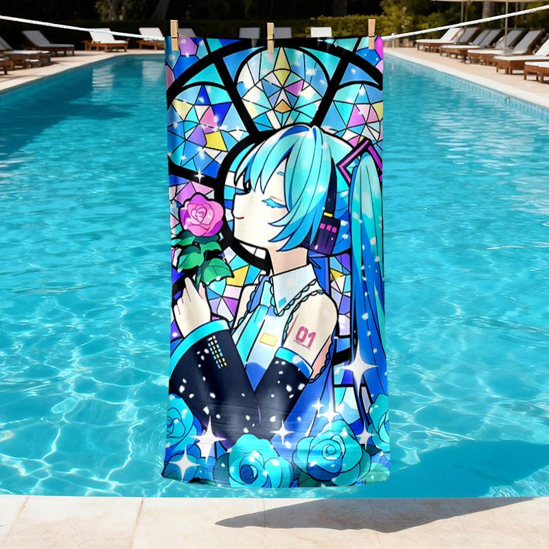 Hatsune Miku Print Beach Towel Design, Soft, Lightweight. for Home Bathroom, Spa, Pool, Yoga, Surfing, Camping, Gift for Family, Friend