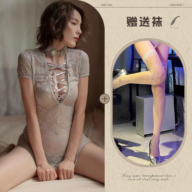 New sexy underwear women's lace temptation cheongsam sexy milk strap hollow short