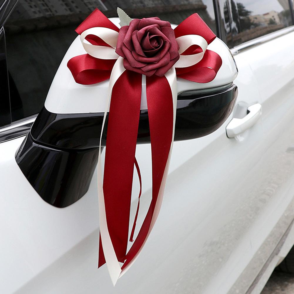 2/4/6/8pcs Wedding Car Rear View Mirror Bow Decoration Car Bow Silk Flower Simulation Flower Bow Decoration Wedding Decorations