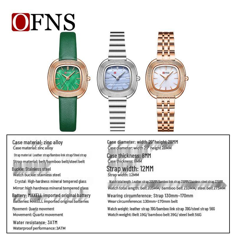 OFNS Women's Fashionable Lightweight Waterproof Quartz Watch with Small Leather Strap and Square Dial
