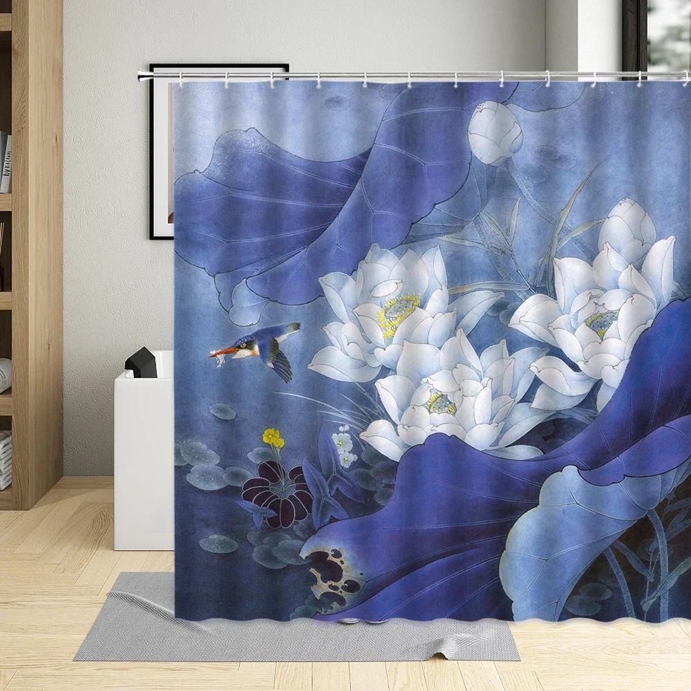 Vintage Watercolors Lotus Flower Leaf Shower Curtain Design Art Decor Waterproof Fabric Bath Curtains With 12 Hooks Sheer Home