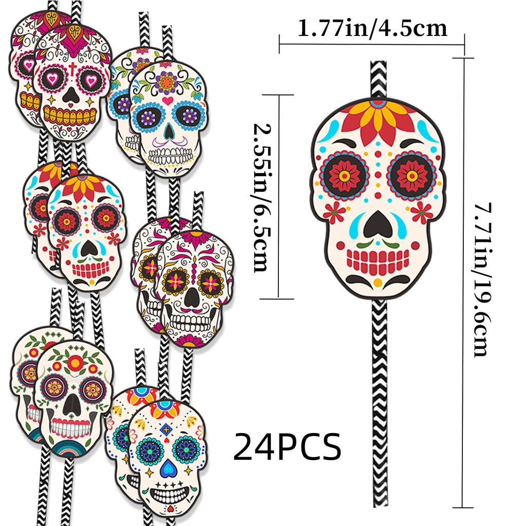 12/24Pcs Cartoon Skull Paper Drinking Straw Juice Disposable Straws for Mexican Day of The Dead Halloween Theme Party Decoration