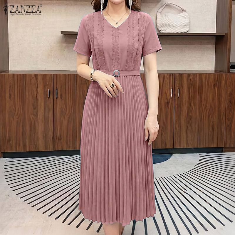 ZANZEA Women Casual V-Neck Solid Color Short Sleeve Pleated Dress
