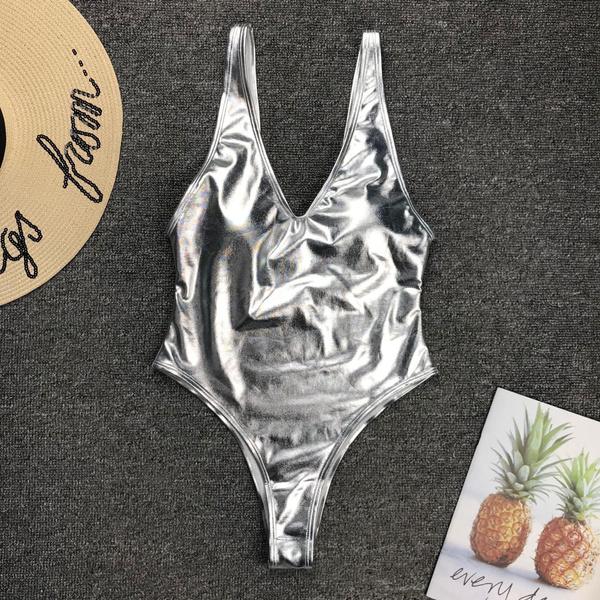 Maillot de bain sexy en cuir brillant pour femme Plage Maillot de bain bicolore or et argent Maillot de bain une pièce