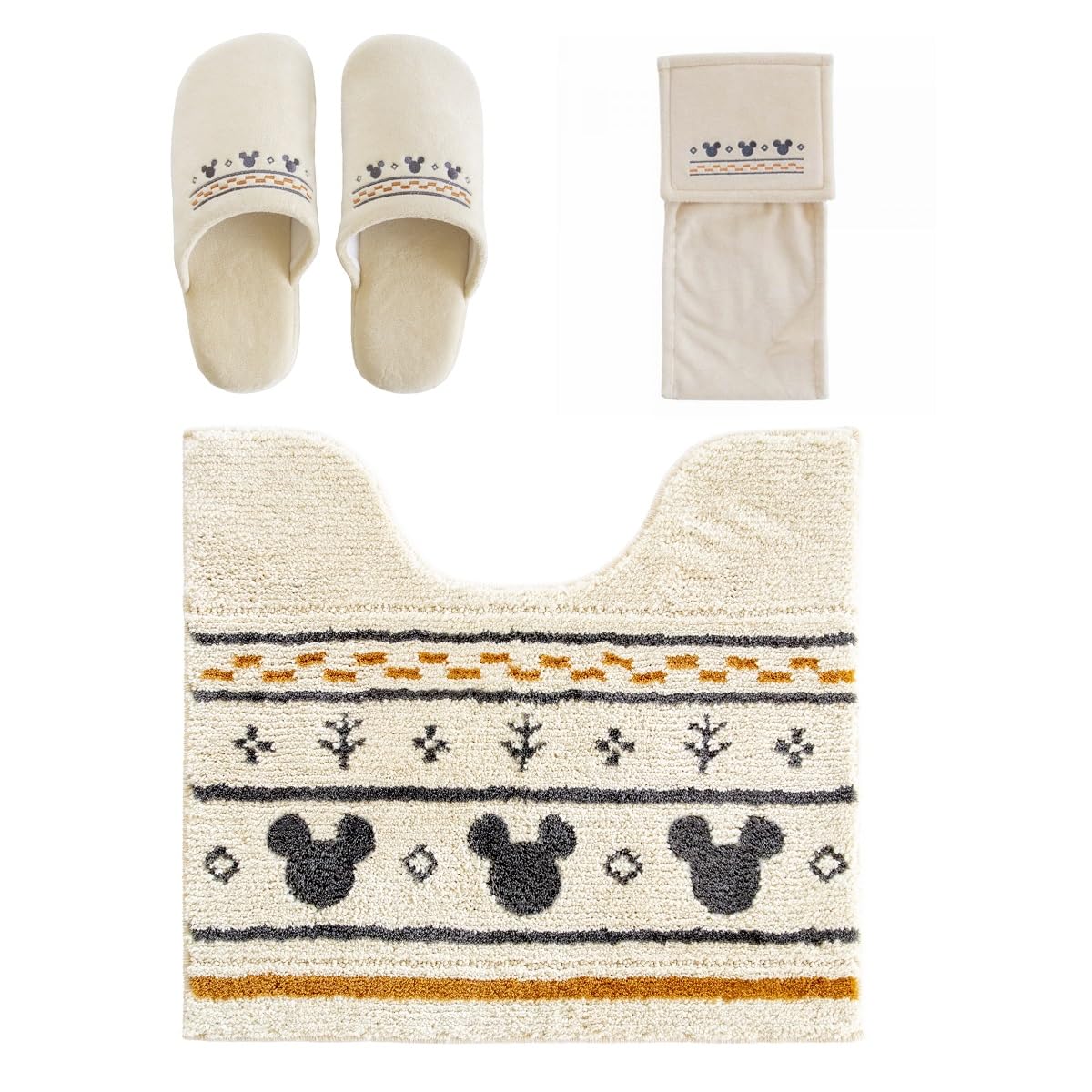 Mickey Mouse 3-Piece Toilet Mat Set (Beige) Disney Toilet Mat Set (3-Piece Set) - Includes Mat, Paper Holder Cover, and Slippers. Oka MC Grand. Stylis